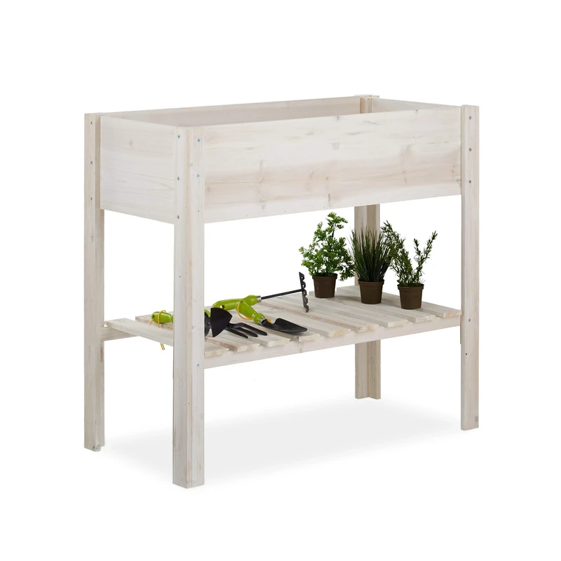 Relaxdays Raised Planter, Balcony, Patio & Garden, Wood, With Shelf, Back-protecting, HWD: 80x88x44 cm, Herbal, White