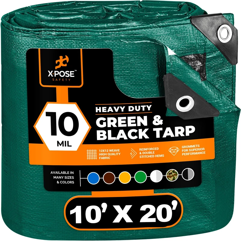Heavy Duty Poly Tarp 10 Feet x 20 Feet 10 Mil Thick Waterproof, UV Blocking Protective Cover - Reversible Green and Black - Laminated Coating - Grommets - by Xpose Safety - Image 1