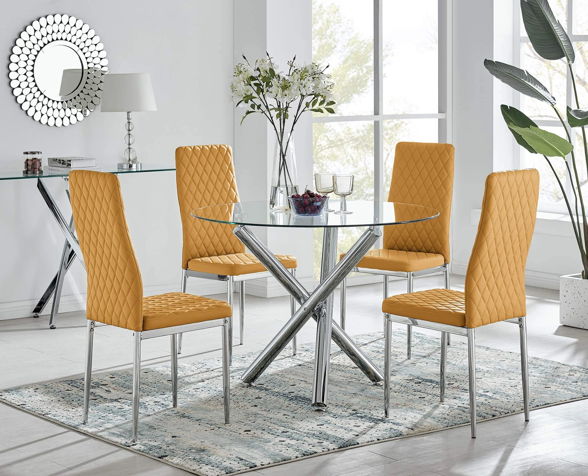 Furniturebox UK Selina Modern Round Chrome Metal And Clear Glass Dining Table And 4 Stylish Milan Dining Chairs Set (Dining Table + 4 Mustard Milan Chairs)