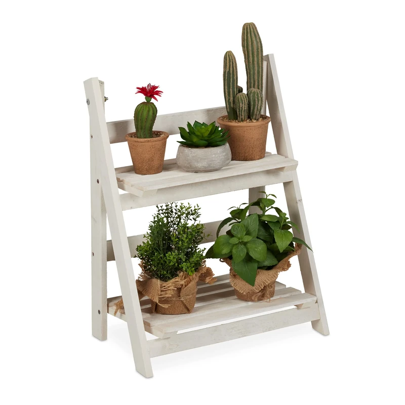 Relaxdays Flower Ladder Rack, For Indoors & Balcony, Shabby-Chic, Standing, Folding, Plant Stand, 2 Tiers, White