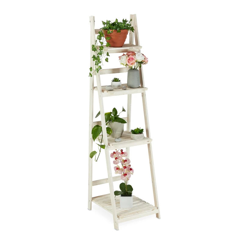 Relaxdays Flower Ladder Rack, For Indoors & Balcony, Shabby-Chic, Standing, Folding, Plant Stand, 4 Tiers, White