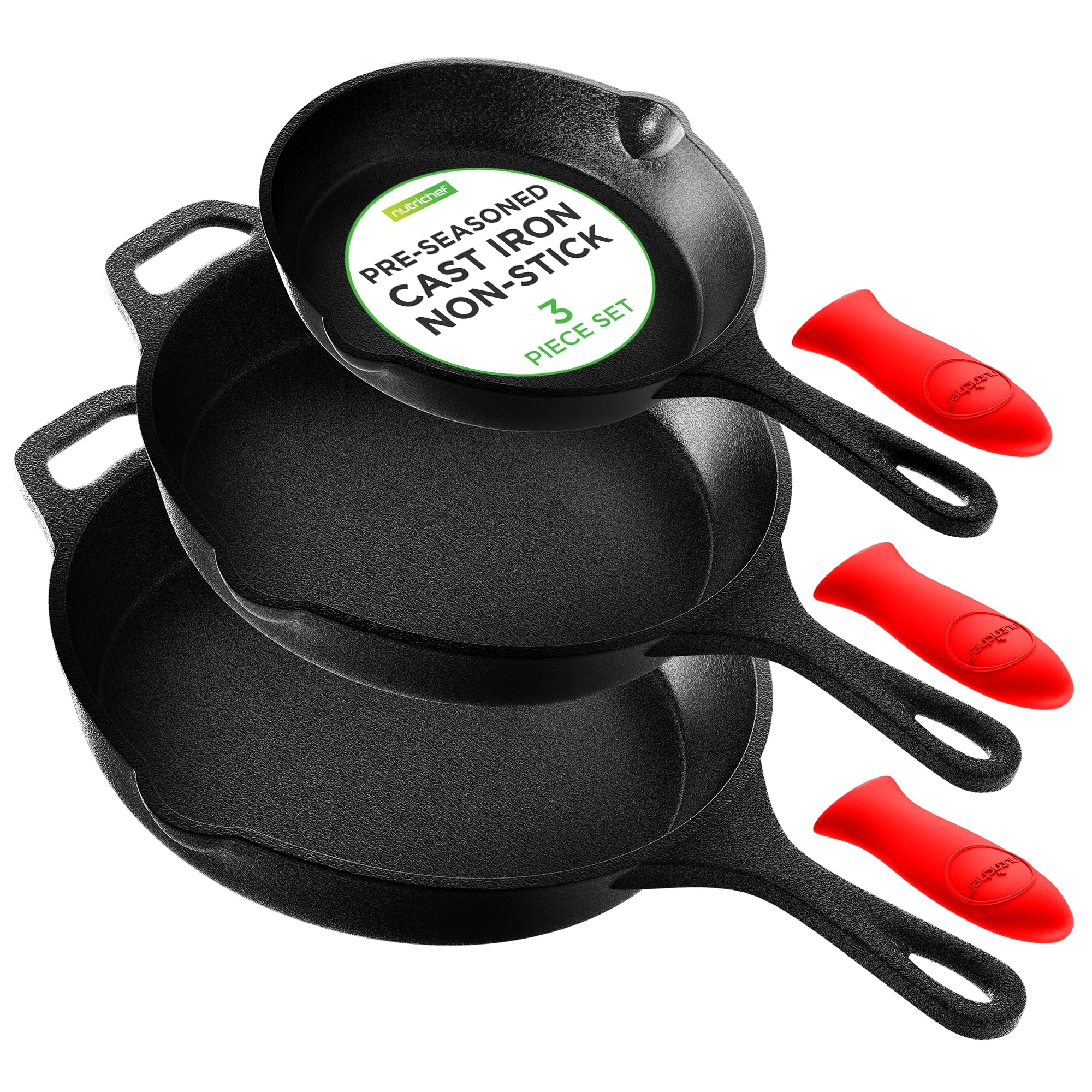 Nutrichef 3pc Pre Seasoned Cast Iron Skillet Pan, Cast Iron Frying Pans Nonstick, Oven Safe Cookware Set w/Silicone Handle, Drip Spout, Indoor/Outdoor Use, for Induction & All Cooktops