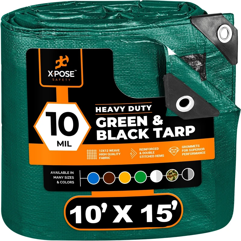 Heavy Duty Poly Tarp 10 Feet x 15 Feet 10 Mil Thick Waterproof, UV Blocking Protective Cover - Reversible Green and Black - Laminated Coating - Grommets - by Xpose Safety
