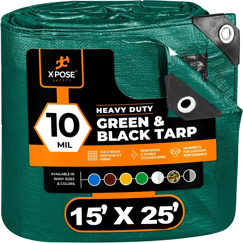 Heavy Duty Poly Tarp 15 Feet x 25 Feet 10 Mil Thick Waterproof, UV Blocking Protective Cover - Reversible Green and Black - Laminated Coating - Rustproof Grommets - by Xpose Safety