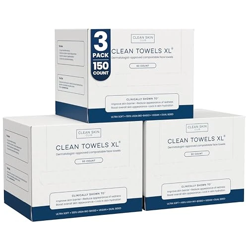 Clean Skin Club Clean Towels XL, Biodegradable Dermatologist Approved Face Towel, Disposable Makeup Remover Dry Wipes, Facial Wash Cloth for Sensitive Skin, 150 Count 3 Pack