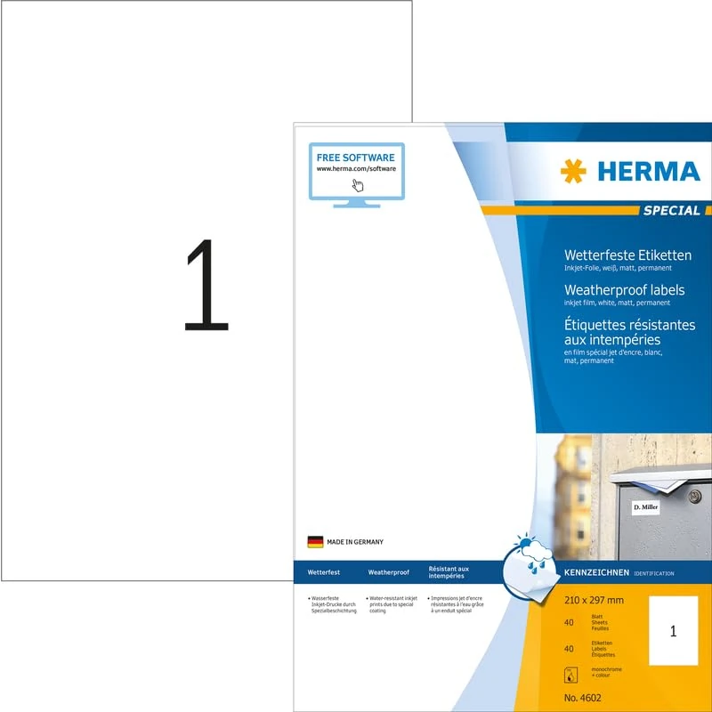 HERMA Self Adhesive Inkjet Labels, 1 Label per A4 Sheet, 40 Sheets, 210 x 297 mm, 40 Labels, Blank Weatherproof Film Labels Stickers, Sticky Labels for Inkjet Printer, White