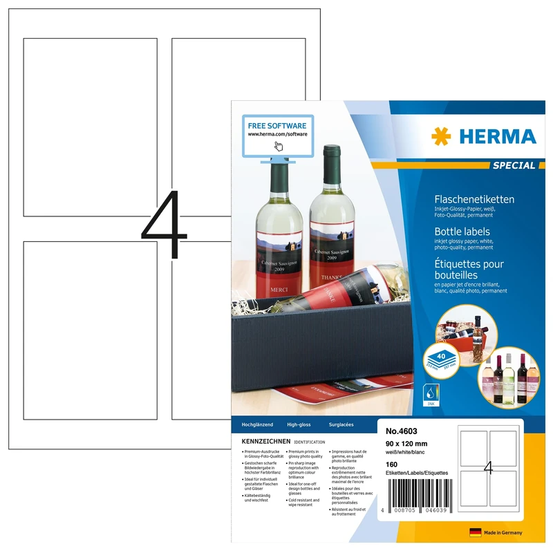 HERMA Self Adhesive Bottle Labels, 160 Labels, 90 x 120 mm, White, Glossy, Inkjet Printer Compatible - Image 1