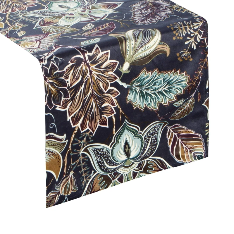 Eurofirany tablecloth, velvet floral pattern, flowers, leaves, leaf pattern, table decoration, table runner, tablecloth, velvet elegant, 1 piece, navy blue, 33 x 140 cm