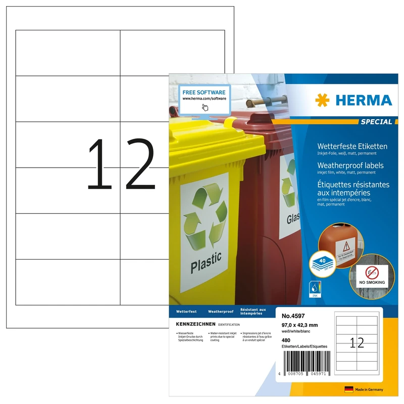 HERMA Self Adhesive Inkjet Labels, 12 Labels per A4 Sheet, 40 Sheets, 97 x 42.3 mm, 480 Labels, Blank Weatherproof Film Labels Stickers, Sticky Labels for Inkjet Printer, White
