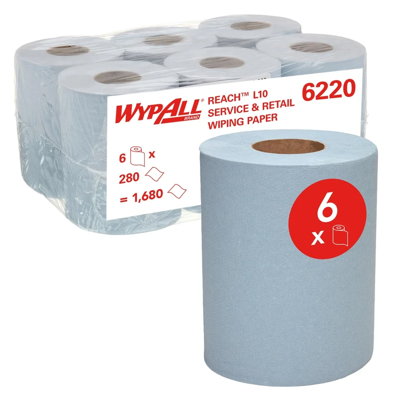 WypAll L10 Service & Retail Wiping Paper 6220-1 Ply Centrefeed Blue Roll - 6 Centrefeed Rolls x 280 Paper Wipes (1,680 Total)