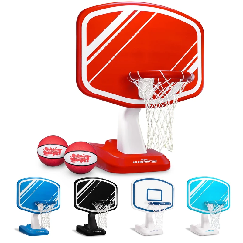 GoSports Splash Hoop PRO Swimming Pool Basketball Game - Includes Poolside Water Basketball Hoop, 2 Balls and Pump - Red