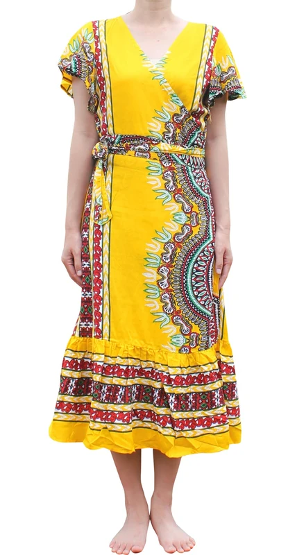 Full Funk Fold Across Front Rayon Mixed Art Wrap Summer Beach Dress Side Tied, Dashiki - Yellow, L-XL - Image 1