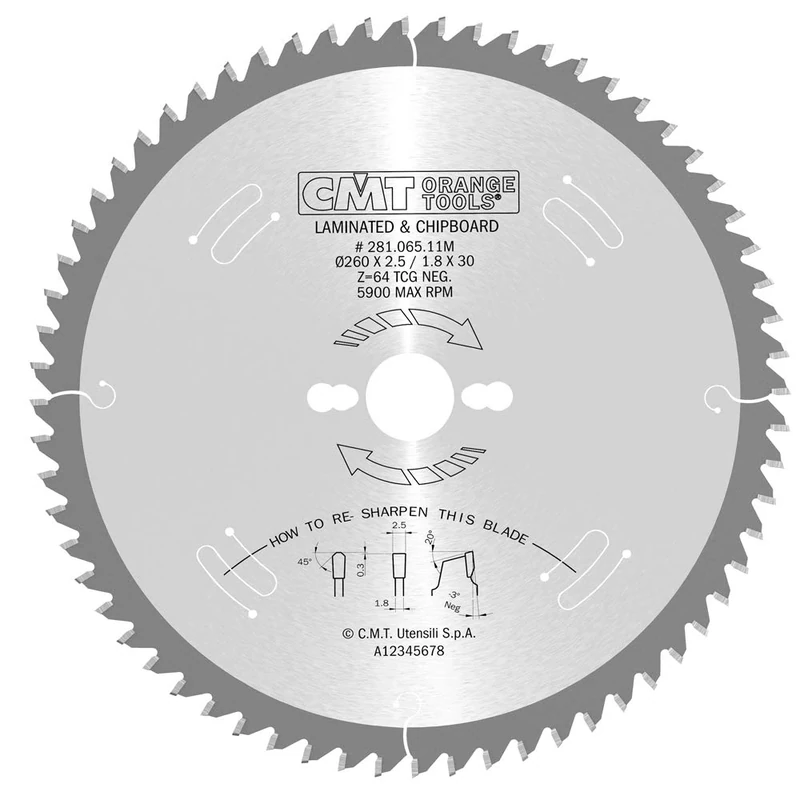 CMT 281.065.11M - Laminated and CHIPBOARD Saw Blade D=260X2.5/1.8X30 Z=64 TCG
