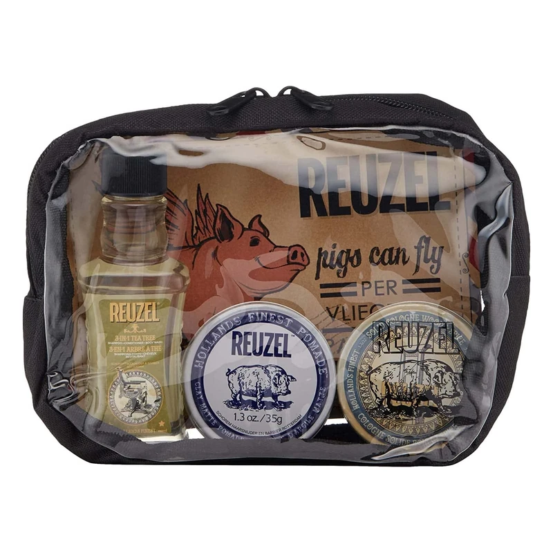 Reuzel Clay Matte Pomade Travel Essentials For Men 3 Pc 1.3oz Clay Matte Pomade,1.3oz Solid Cologne Wood and Spice, 3.4oz 3-In-1 Tea Tree Shampoo, Conditioner Body Wash