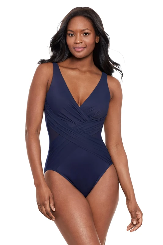 Miraclesuit Midnight Blue Illusionists Crossover with Mesh One Piece Swimsuit | Shapewear Slimming Swimming Costume, Size 10