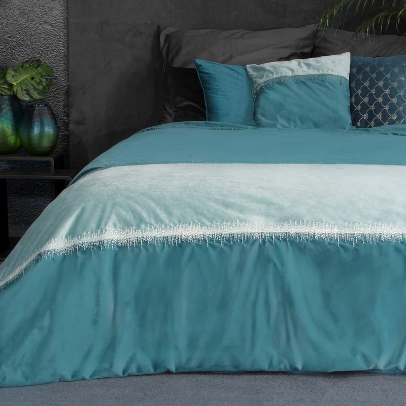 Eurofirany Velvet Velvet Bedspread Throw Metal Stitching Elegant Elegant Glamour Bedroom Living Room Guest Lounge Turquoise 220 x 240 cm - Image 1