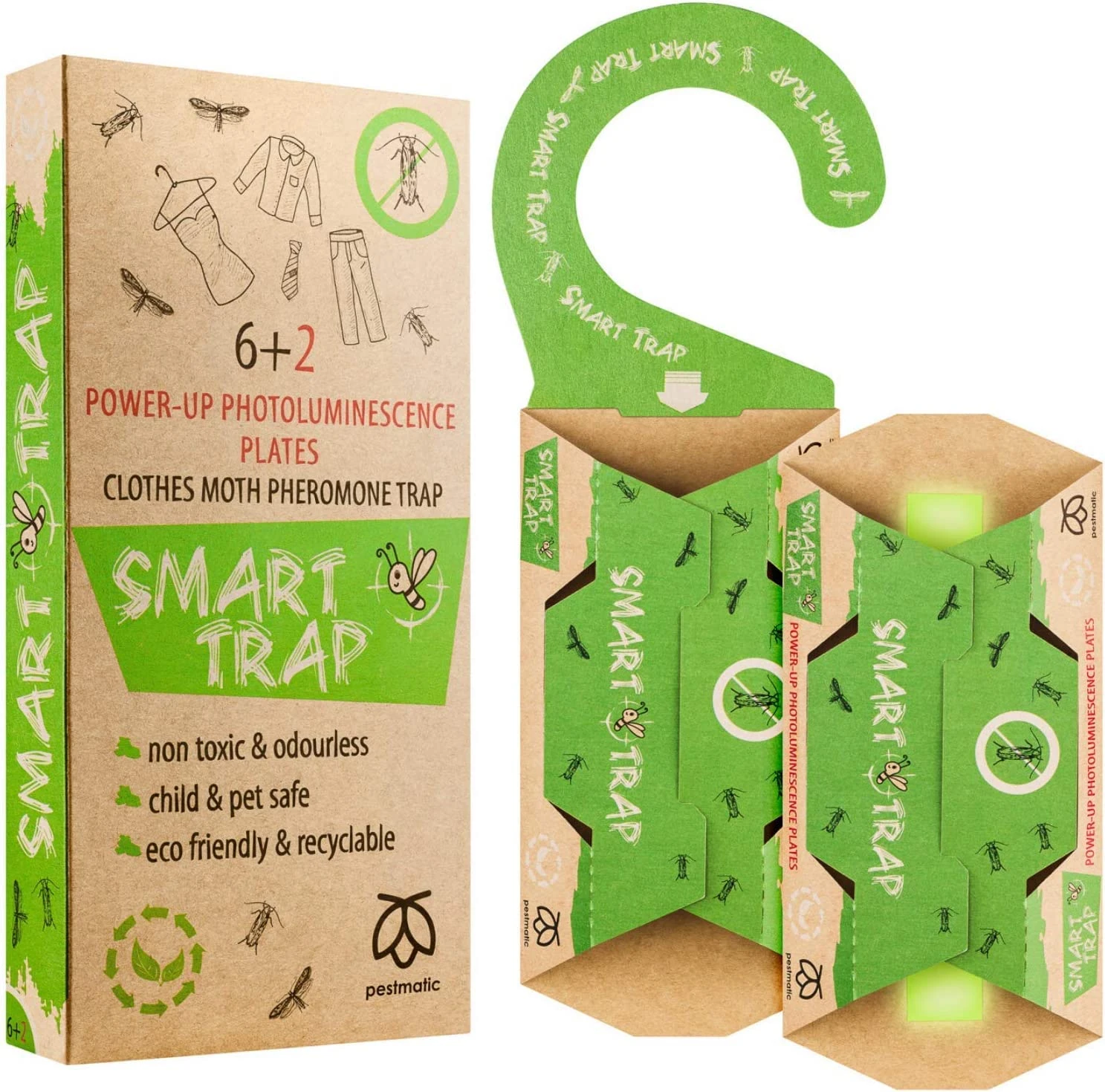 Pestmatic Smart Moth Trap, 8 Clothes Moth Monitoring Traps for Wardrobe, 6+2 Anti Moth Pheromone Trap + Power-Up lighting Plates, Sticky Traps, Alternative for Moth Killer and Moth Repellent