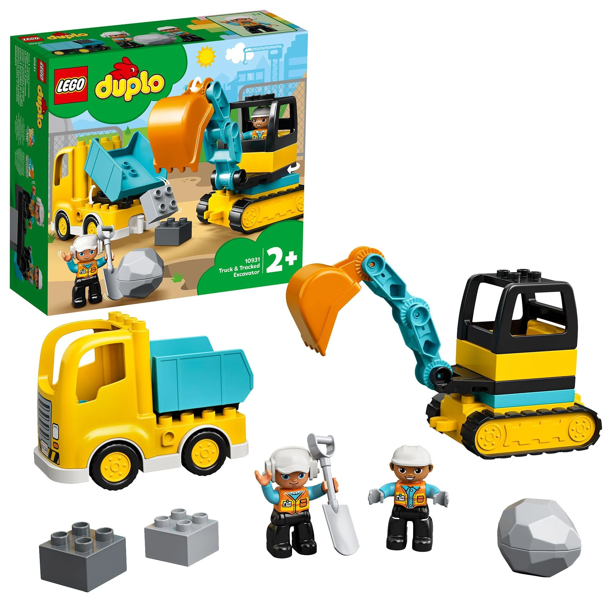 LEGO DUPLO Truck and Tracked Excavator Toy for 2+ Year Old Toddlers, Boys & Girls - Educational Set incl. 2 Construction Vehicle Toys, 2 Figures & a Boulder Brick - 10931