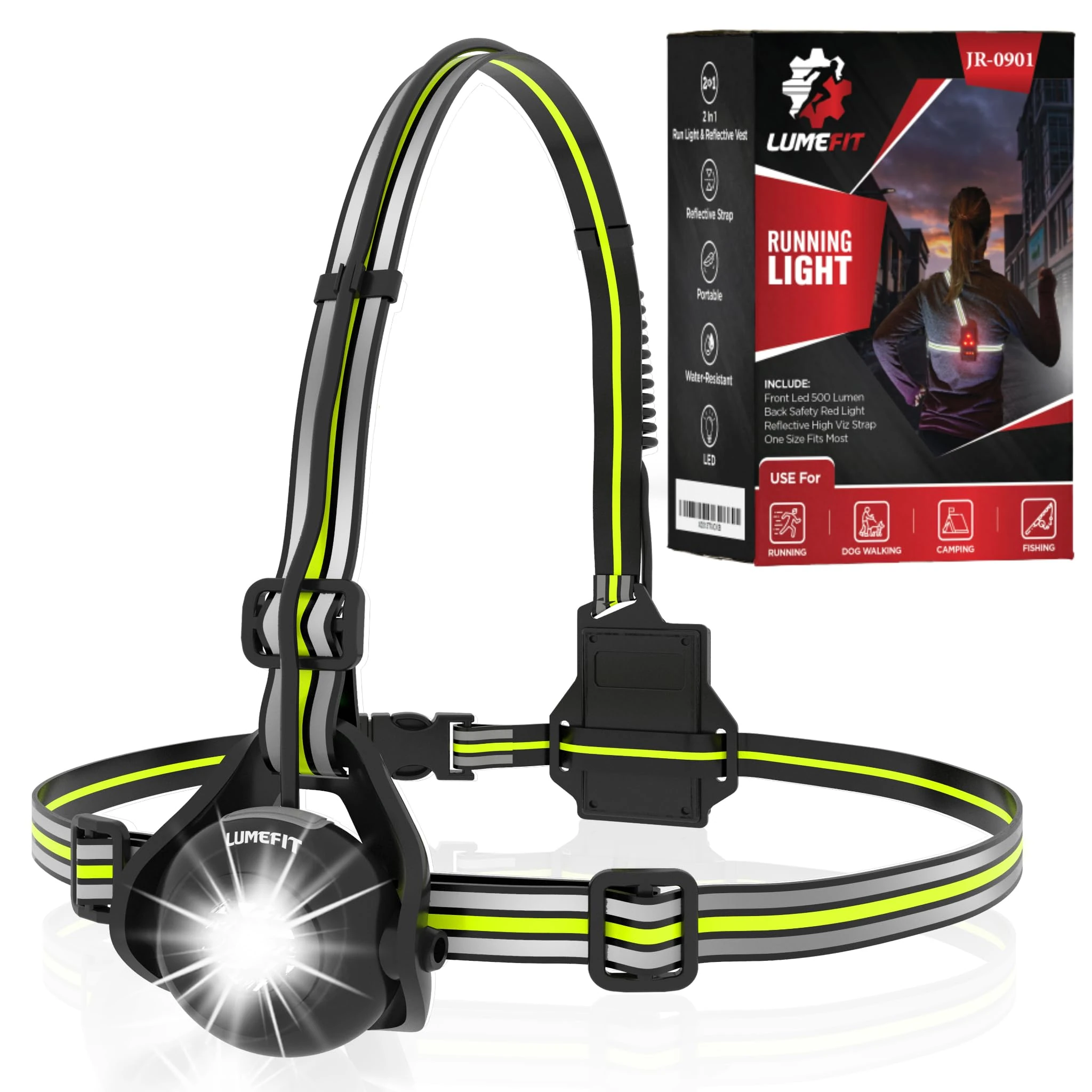LUMEFIT Run Light Running Lights for Runners Chest LED Lamp 120° Adjustable Beam Angle 500 Lumen 360 Degree Reflective Band USB Rechargeable Front Body Torch Jogging Hiking