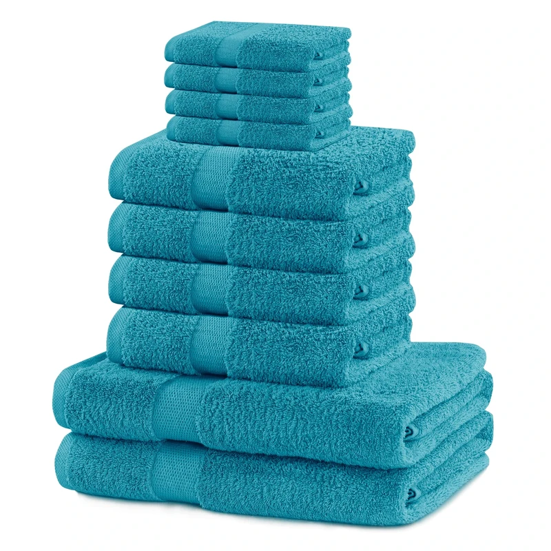 DecoKing Set of 10 Cotton Quality 525 g/m² 4 Guest Towels 30 x 50 cm 4 Hand Towels 50 x 100 cm and 2 Bath Towels 70 x 140 cm Turquoise Absorbent Marina