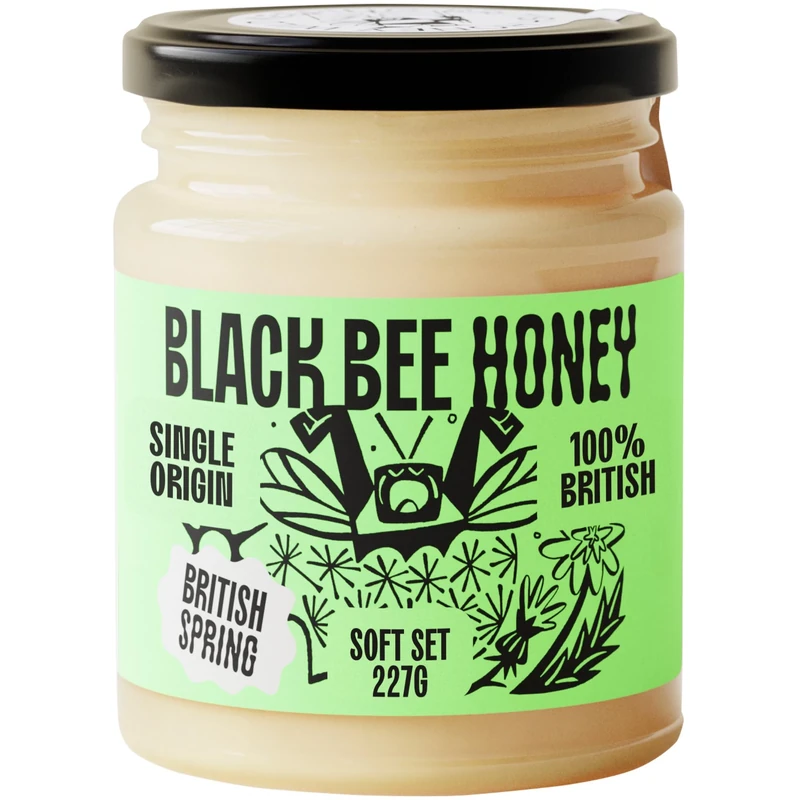 Black Bee Honey - Pure British Spring Soft Set Honey, Creamy and Lightly Sweet, Unprocessed Single Source from Hive to Jar, Never Blended - Delicious on Toast, Soothing in Drinks, 227g Glass Jar