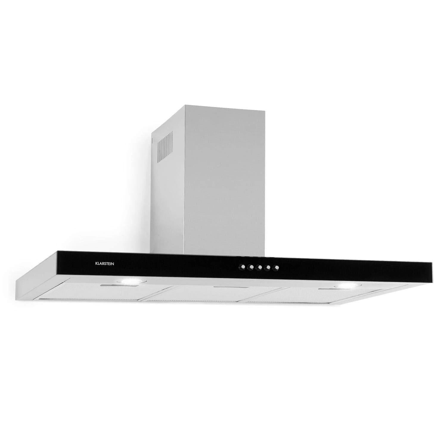 Klarstein Darya Cooker Extractor Hood, EEC A, 310 m³ / h Exhaust Air, 2 Aluminium Grease Filters Included, 66 dB, Stainless Steel, Air Recirculation Possible, Black Acrylic Glass Front, Silver, 90 cm