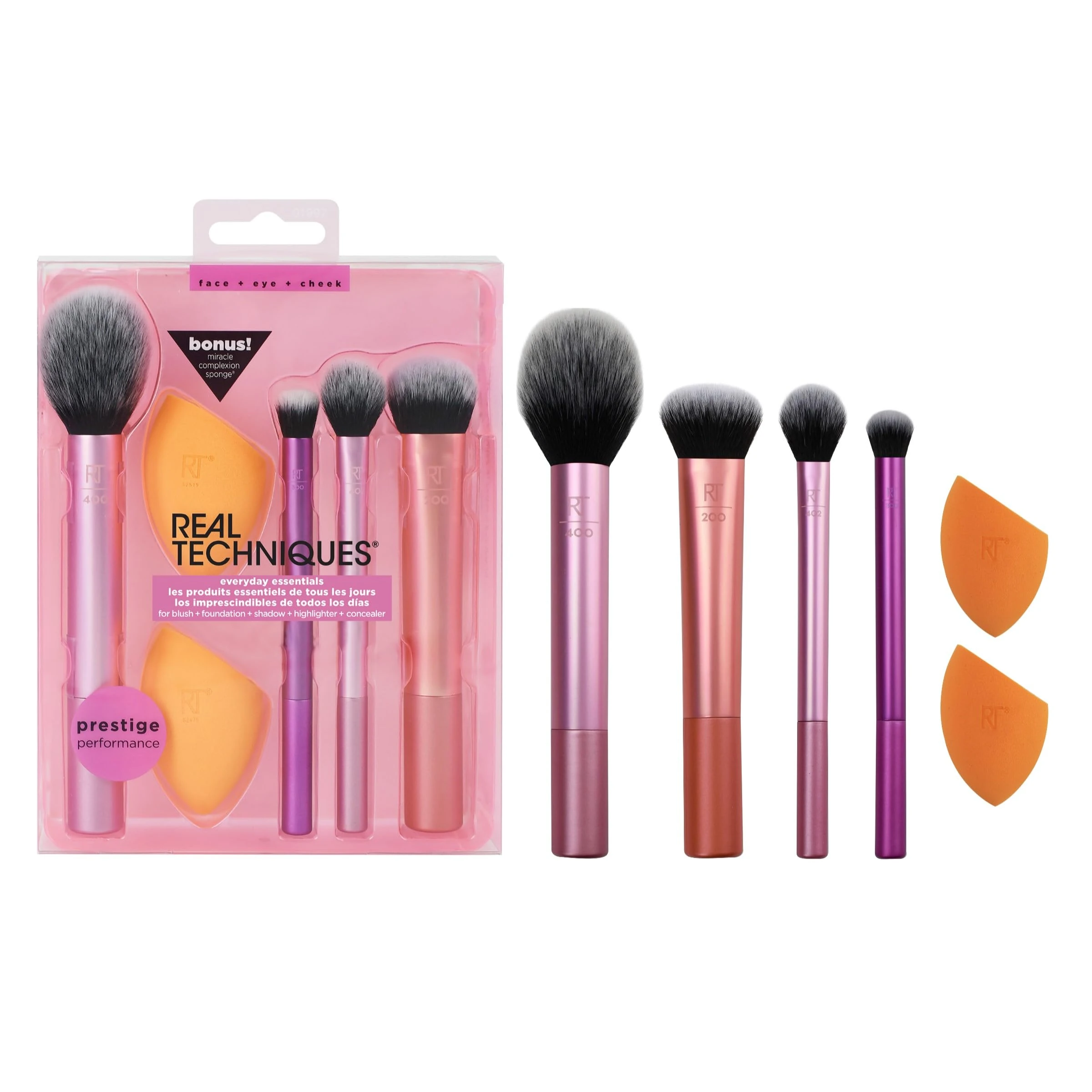 Real Techniques Everyday Essentials + Makeup Sponge Kit, 4 Makeup Brushes and 2 Makeup Blender Sponges,Blush, Bronzer, Eyeshadow, and Powder, Synthetic Bristles, Cruelty-Free, 6 Piece Set