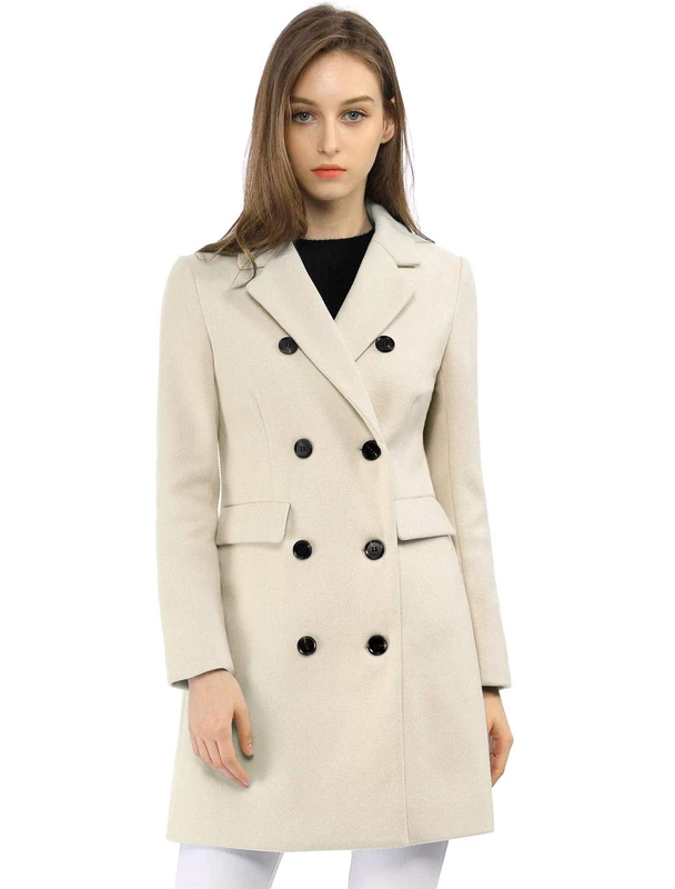 Allegra K Women's Winter Coat Elegant Notched Lapel Double Breasted Trench Coat Beige XS