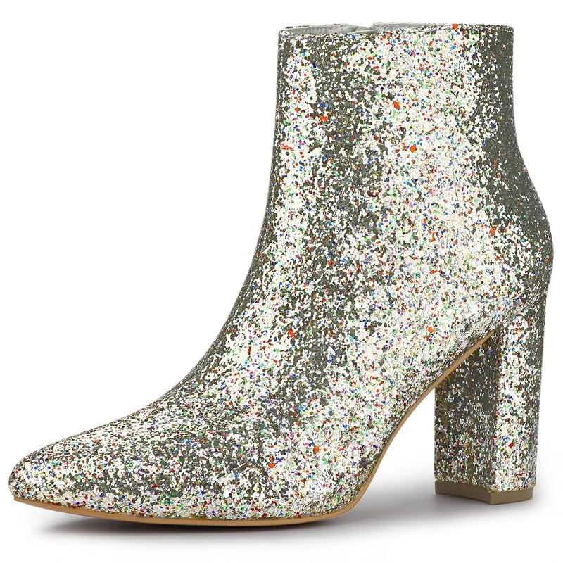 Allegra K Women's Glitter Pointed Toe Chunky Heel Ankle Boots Silver 5 UK/Label Size 7 US - Image 1