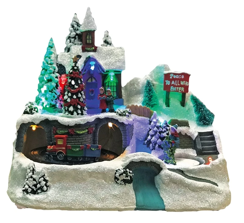 hellum LED Christmas Village with Moving Train, Mountain Village Scene in Fibre Optic Style, Christmas Decoration Indoor Battery Operated with Colourful Lighting 3 x AA 22 x 14 x 19 cm 524390