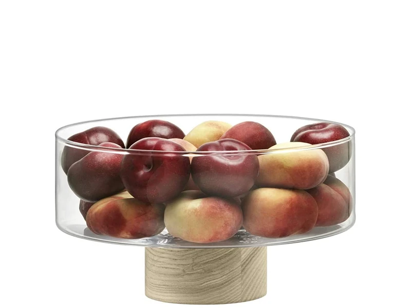 LSA International Lotta Pedestal Bowl Clear & Ash Base Ø25cm| 1 Unit | Mouthblown & Handmade Glass | Hand Planed Wood | LW30