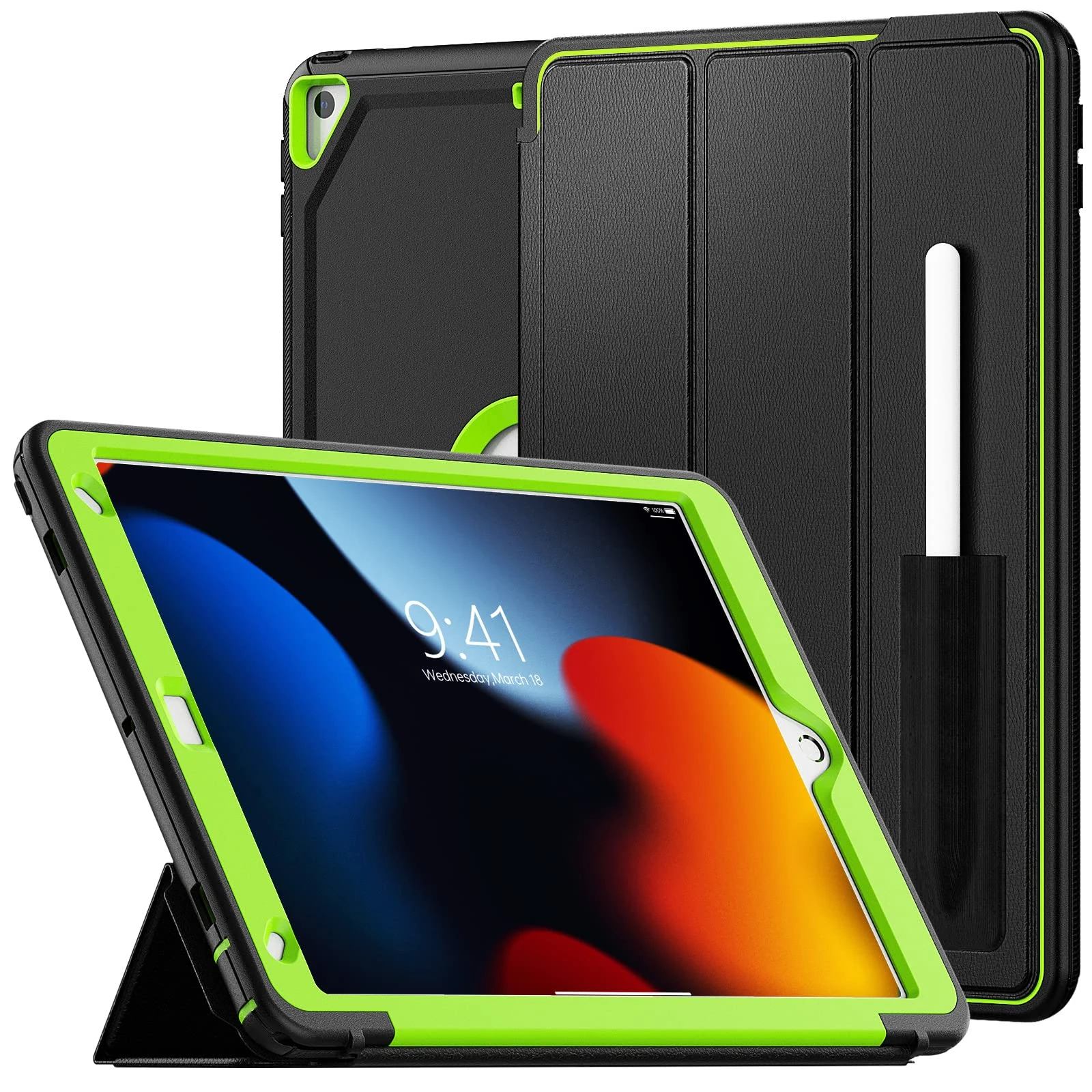 SEYMCY Case for iPad 10.2 inch 9th/8th/7th Generation 2021/2020/2019, Shockproof Smart Cover with Trifold Stand, Auto Sleep/Wake, Pencil Holder, Green