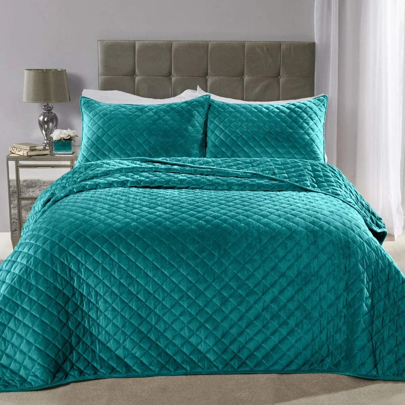Emma Barclay Regent Quilted Soft Touch Velvet Bedspread Set in Emerald Green - Double Bed