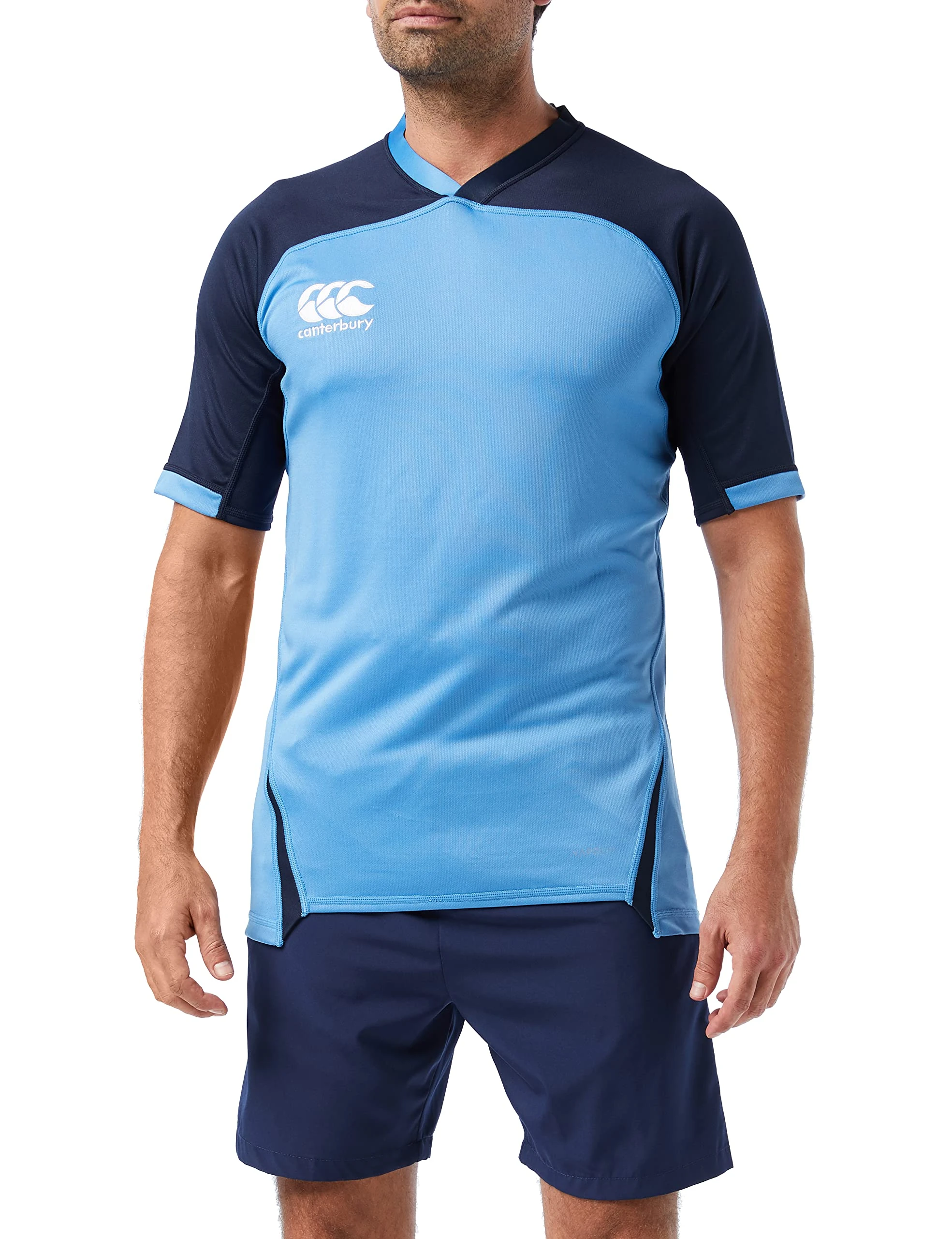 Canterbury Men's VapoDri Evader Hooped Rugby Jersey | VapoDri Technology | Pro Athletic Fit | Durable Technical Rugby Jersey, Sky, 4XL