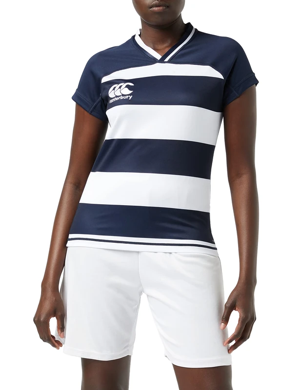 Canterbury Women's VapoDri Evader Hooped Rugby Jersey | VapoDri Technology | Pro Athletic Fit | Durable Technical Rugby Jersey, Navy, 14