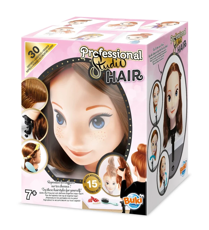 Buki France 5422 Professional Studio Hair Styling Head. Kids Hairdressing Kit Includes 15 Hair Accessories. Children's Pretend Hair Salon Doll Toy. Suitable for Boys & Girls 7+