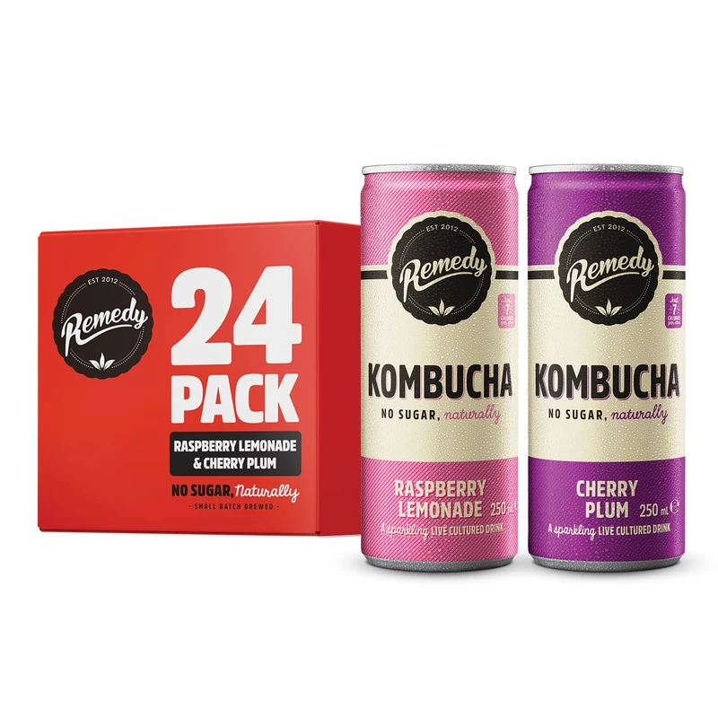 Remedy Kombucha Tea - Raspberry Lemonade & Cherry Plum - Sparkling Live Cultured, Naturally Sugar Free Soft Drink - Prime Probiotic for Gut Health - 24 x 250ml