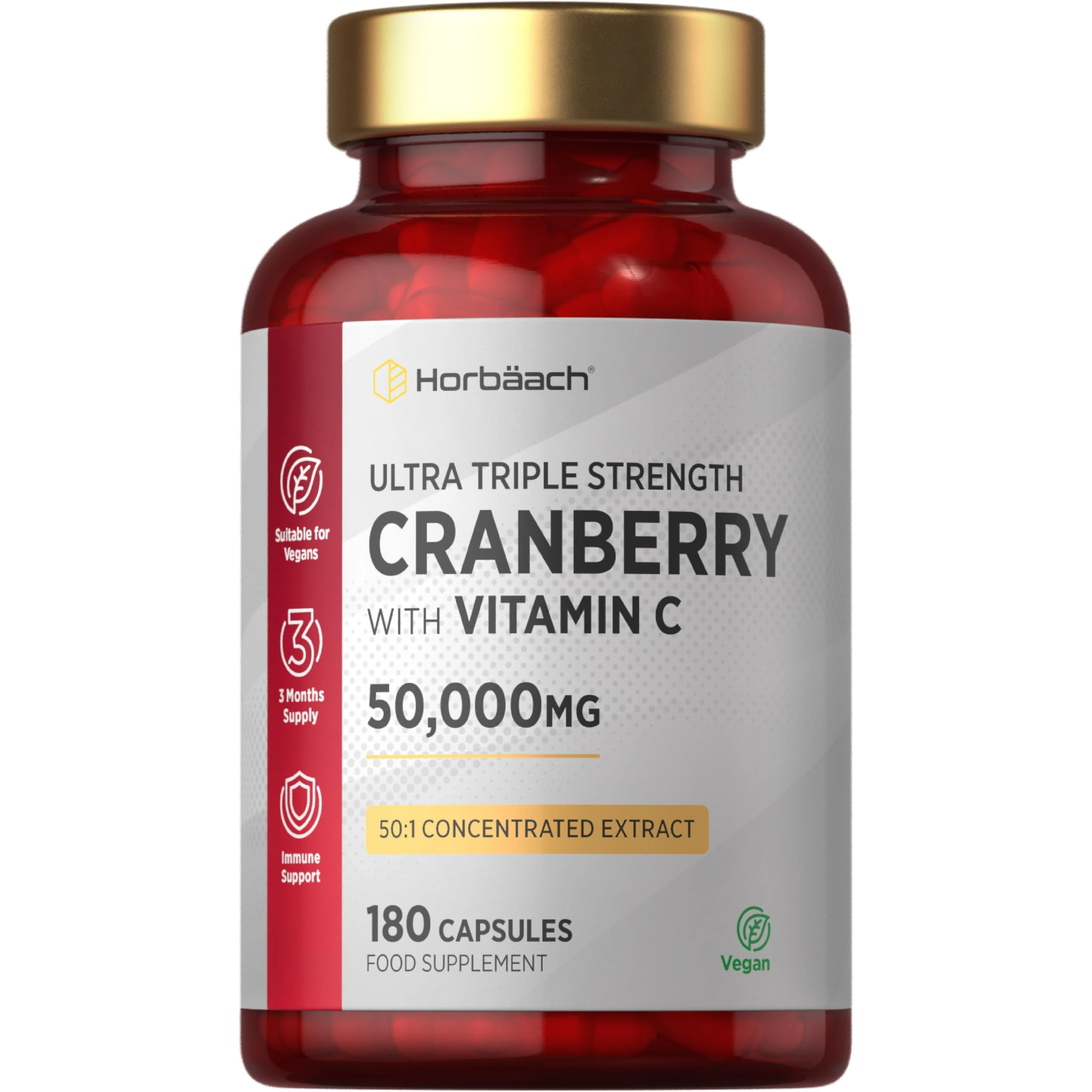 Cranberry Capsules 50,000 mg | High Strength Cranberry Extract with Vitamin C | 180 Vegan Capsules | Supplement for Women & Men | by Horbaach