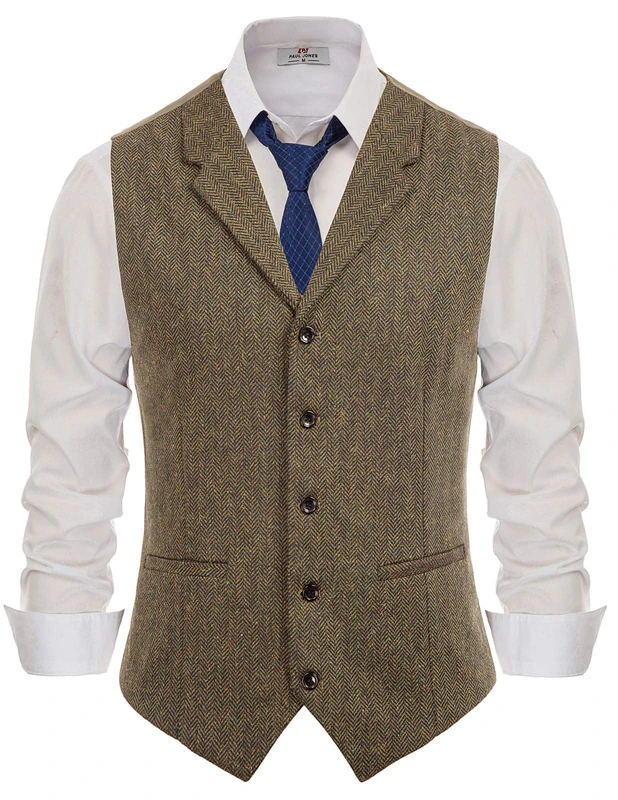 PAUL JONES Mens Herringbone Tweed Waistcoat Tailored Collar Slim Fit Suit Vest, Coffee, XL