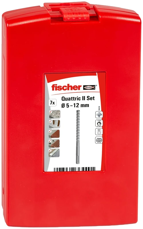 fischer Hammer Drill Bit Quattric II S Set, 5-12 mm Diameter, Drill Bits Set with Various Sizes, Tool for Drilling in Reinforced Concrete, Pack of 7