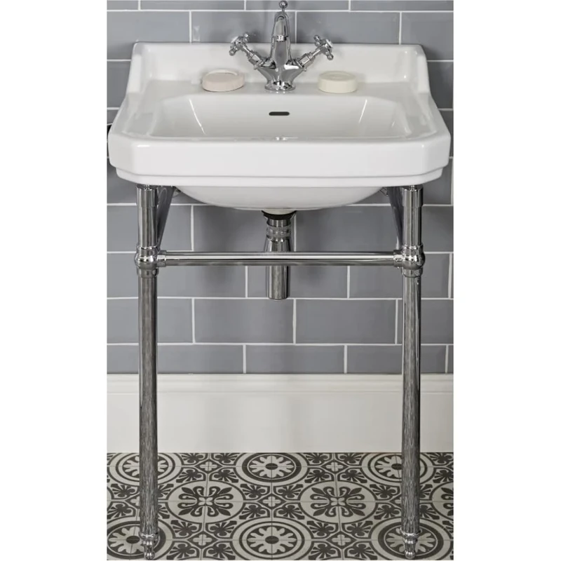 Milano Richmond White Traditional 560mm x 450mm Bathroom Basin Sink Chrome Washstand - 1 Tap Hole
