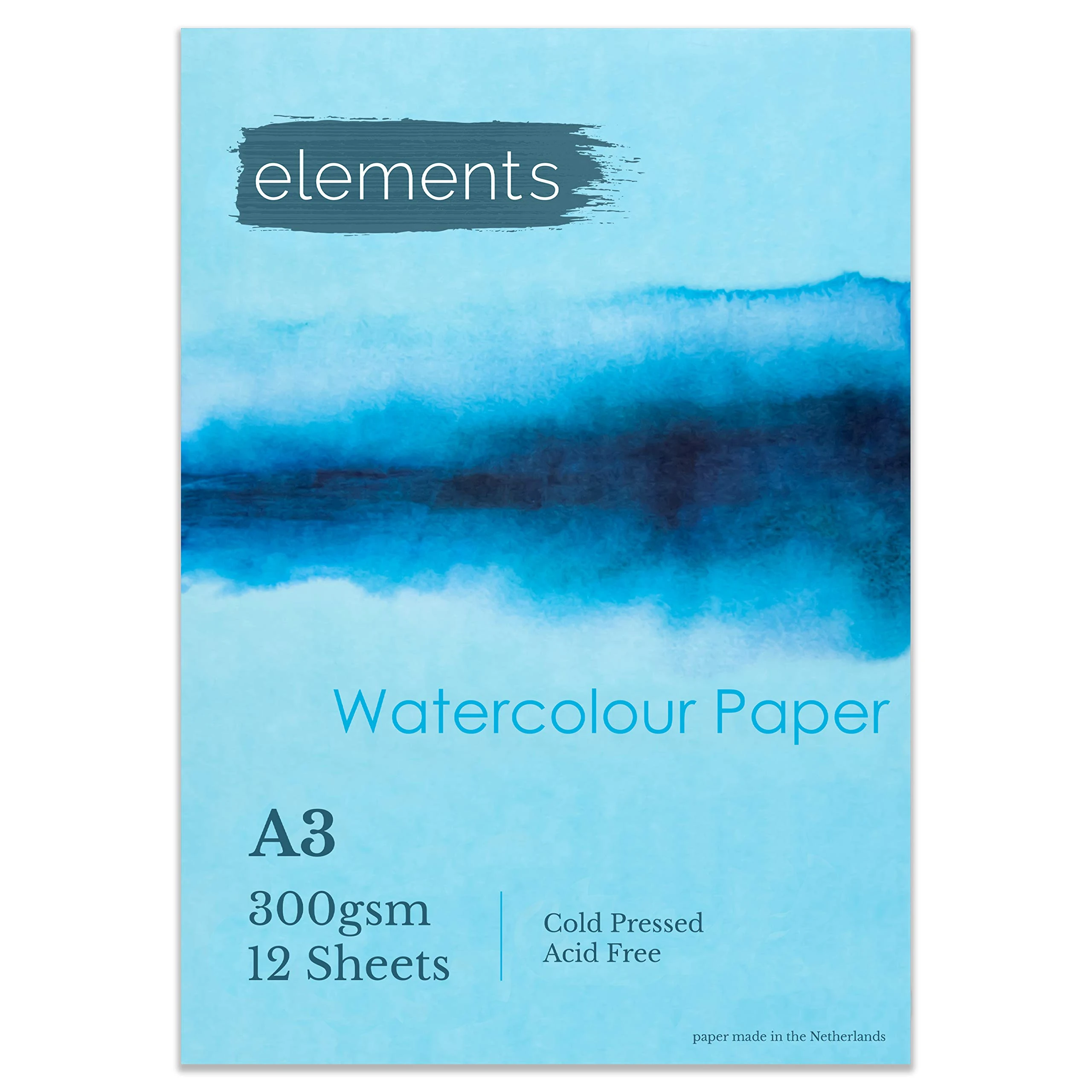 Elements A3 Watercolour Book Glue Bound Artist Watercolour Paper Pads, Cold Pressed (300gsm/140lb), Acid-Free, 12 Sheets for Water Painting - A3