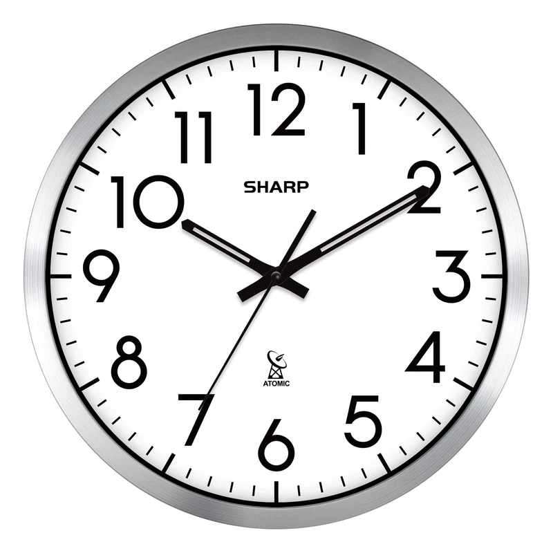 Sharp Atomic Analog Wall Clock - 12" Silver Brushed Finish Sets Automatically- Battery Operated Easy to Read Use: Simple, Style fits Any Decor