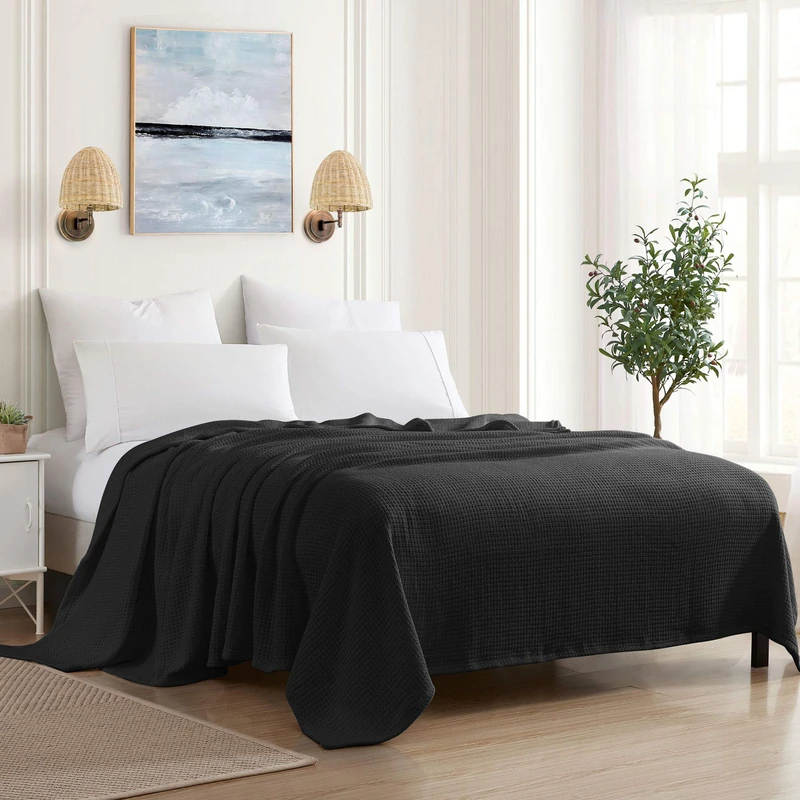 Sweet Home Collection 100% Fine Cotton Blanket Luxurious Weave Stylish Design Soft and Comfortable All Season Warmth, King, Black