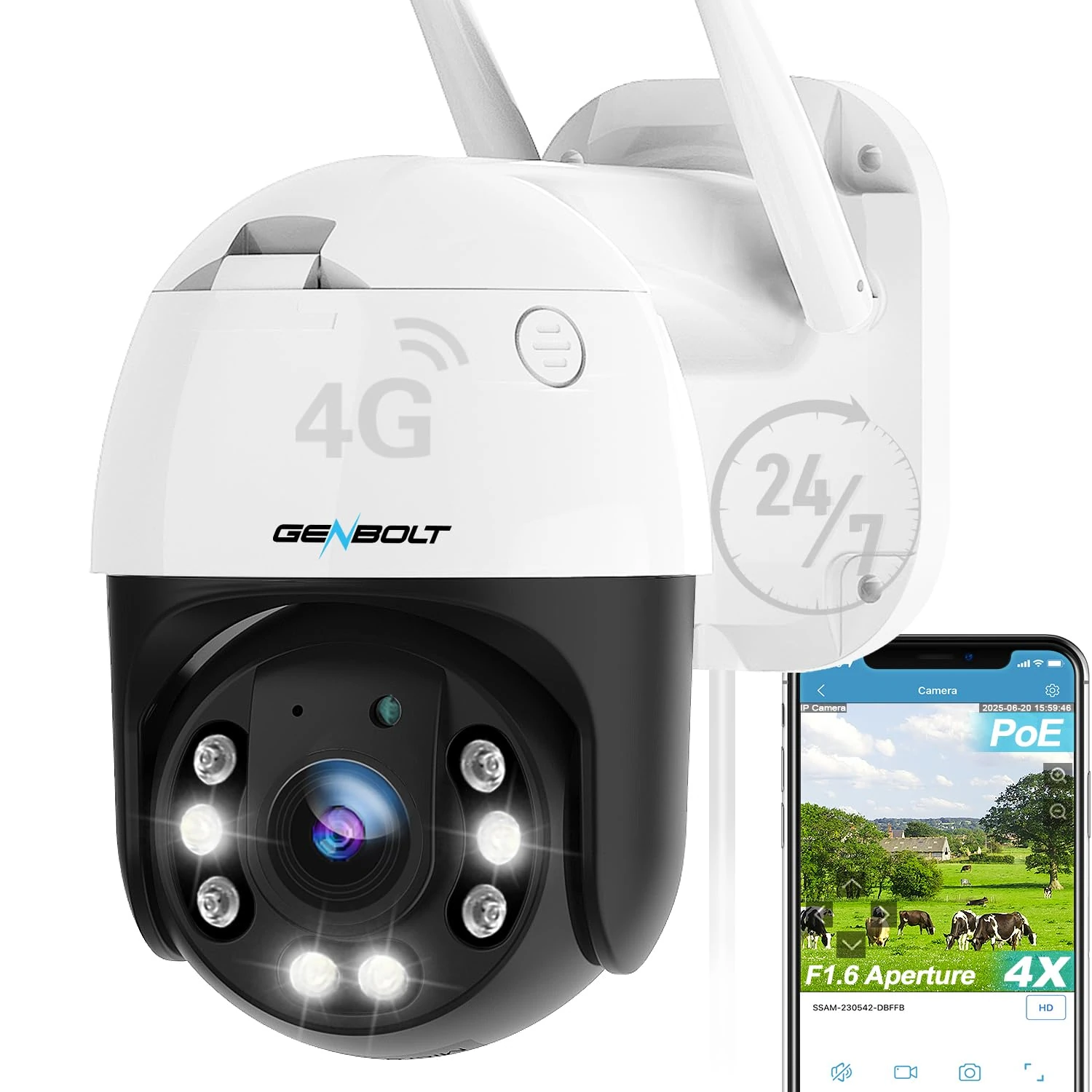 GENBOLT 3G/4G LTE Security Camera Outdoor No WiFi,Cellular CCTV Camera 25FPS with Sim Card,IP Surveillance Camera Wired 24/7 Recording Humanoid Detection,Auto Tracking,Color Night Vision [DC&PoE]