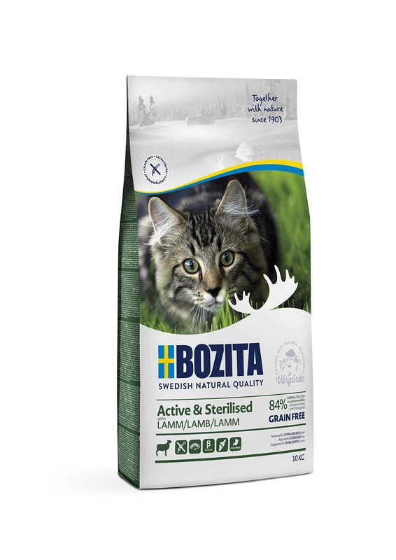 Bozita Active & Sterilised Cat Dry Food with Lamb - 10kg - Grain-Free Cat Food for Sterilized, Active Cats - 33% Protein, 20% Fat - No Sugar & GMO Free