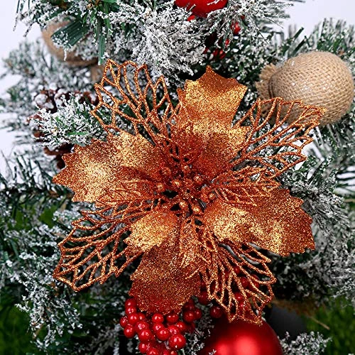 Yueshop 10 PCS Christmas Flowers Large (15CM) Poinsettia Glitter Flower Christmas Tree Hanging Party Xmas Decor (Bronze)