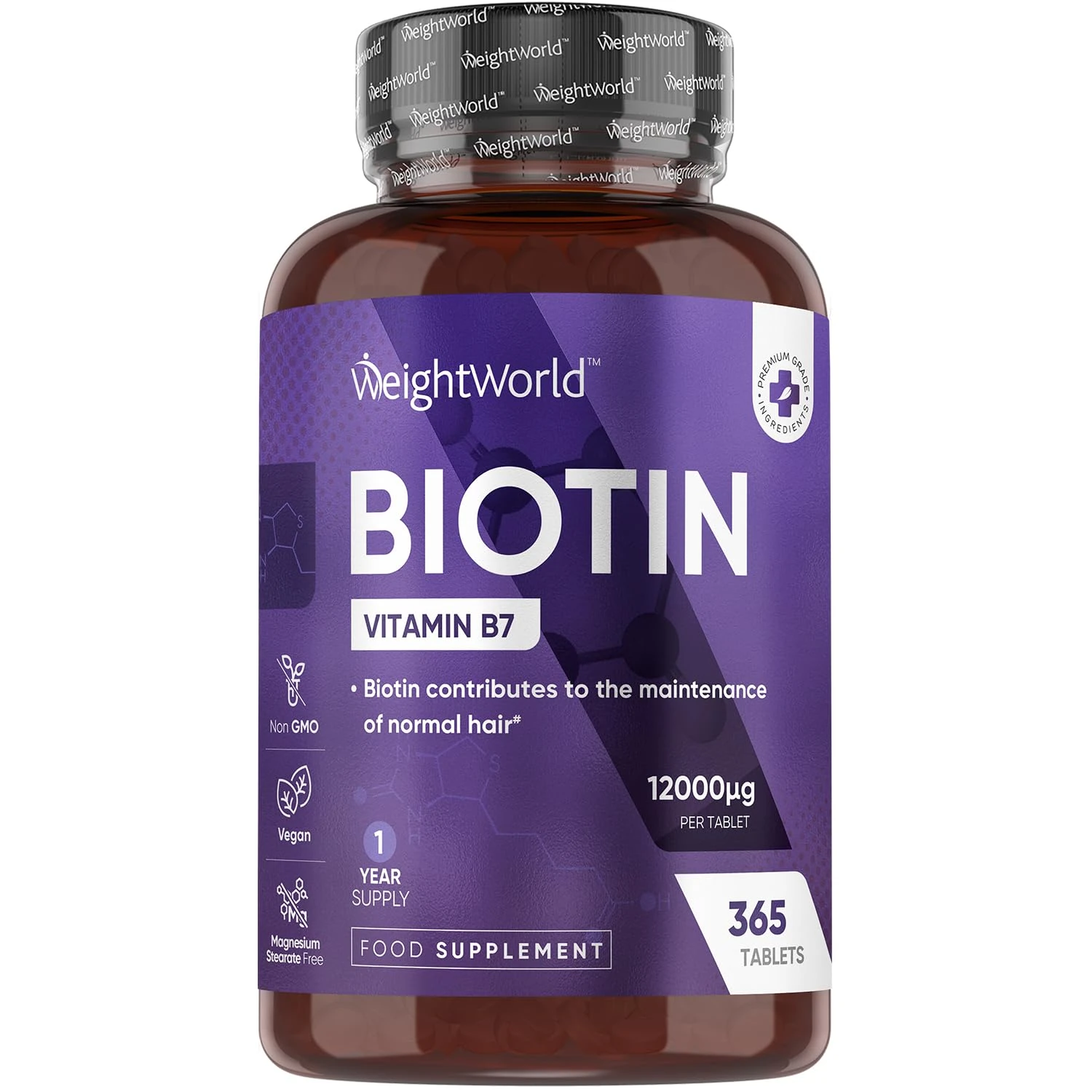 Biotin Tablets - 365 Vegan Tablets - 1 Year Supply - 1 Tablet-a-Day - 12000mcg Biotin Supplements - Vitamin B7 Supplement - Travel-Friendly - Non-GMO & Magnesium Stearate-Free