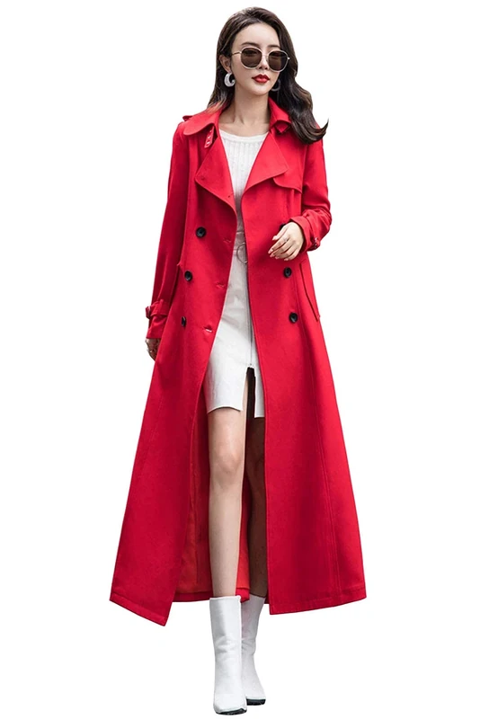 ebossy Women's Double Breasted Duster Trench Coat Slim Full Length Maxi Long Overcoat - red - Medium