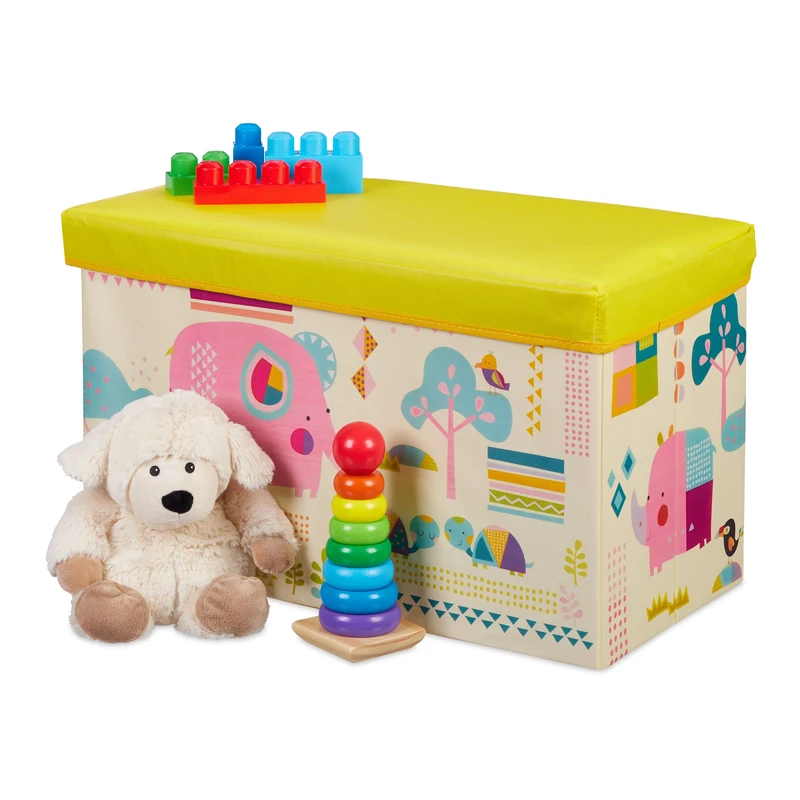 Relaxdays Children’s Ottoman, Folding Storage Box for Boys and Organisers, 50 Litres, Compact, Animals, Yellow